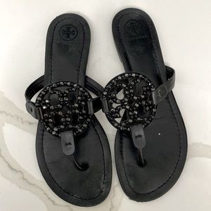 Tory Burch black Crystal Millers. Round toe, worn as shown but good condition.